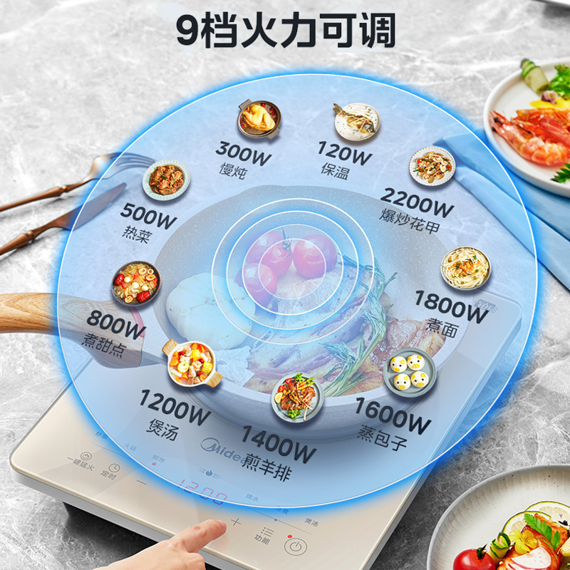 美的(Midea) 电磁炉MC-E22B23大功率家用 防水面板2200W大功率 炒菜火锅不粘炒锅一体小型电磁灶高清大图