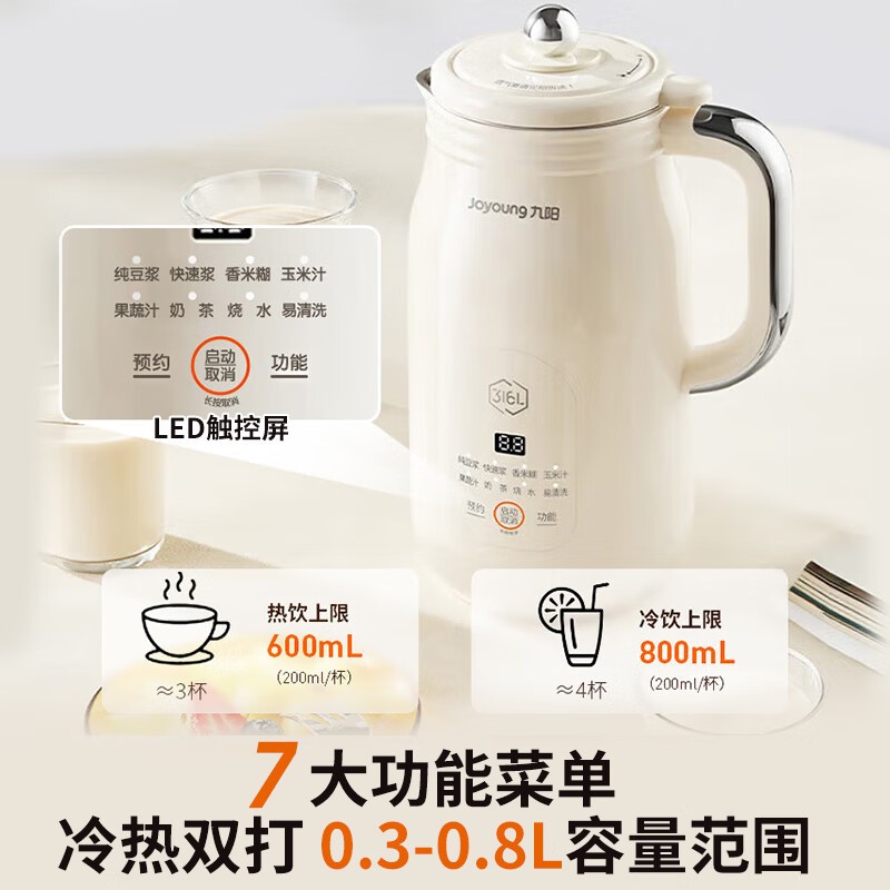 九阳Joyoung豆浆机无网研磨1.1L快速制浆五谷2-3人白色外塑内钢轻巧1.5kg高清大图