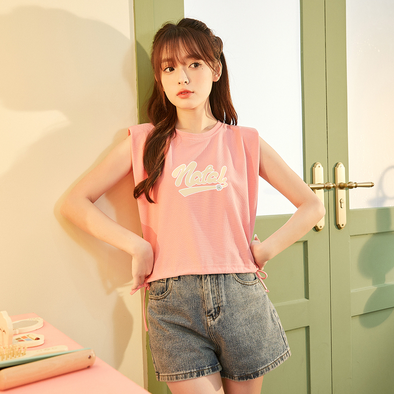 [1.5折价35元]唐狮春夏新款女背心外穿短款肌理感甜辣小上衣抽绳别致内搭潮