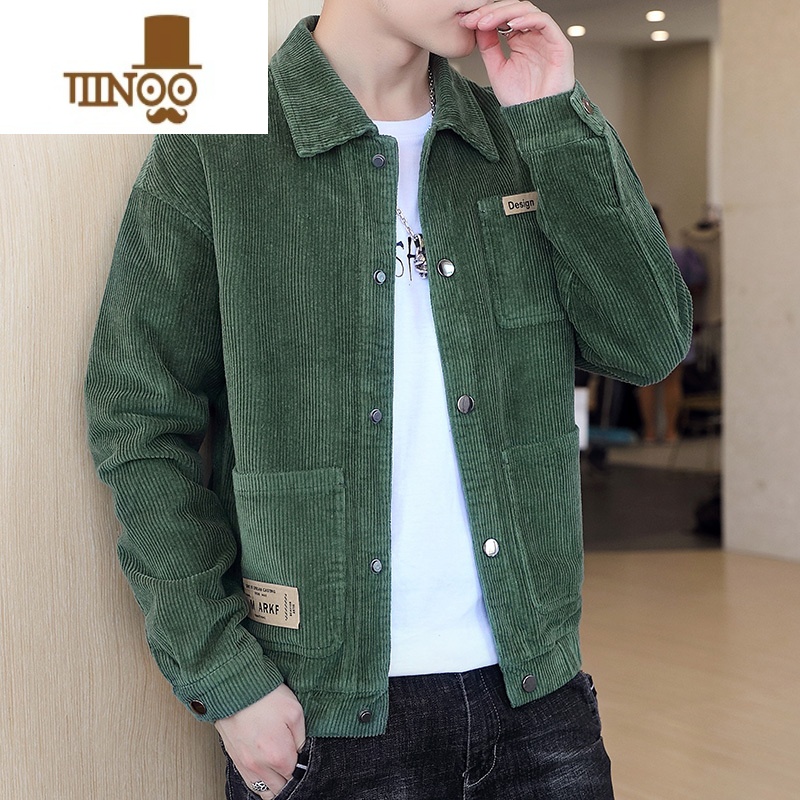 YANXU2023韩版潮流休闲外套男装帅气灯芯绒夹克男士宽松上衣秋男 3XL 绿色