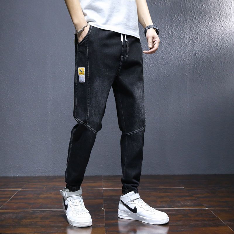 秋冬加绒加厚牛仔裤男潮牌新款宽松工装哈伦弹力束脚九分休闲裤子莎丞