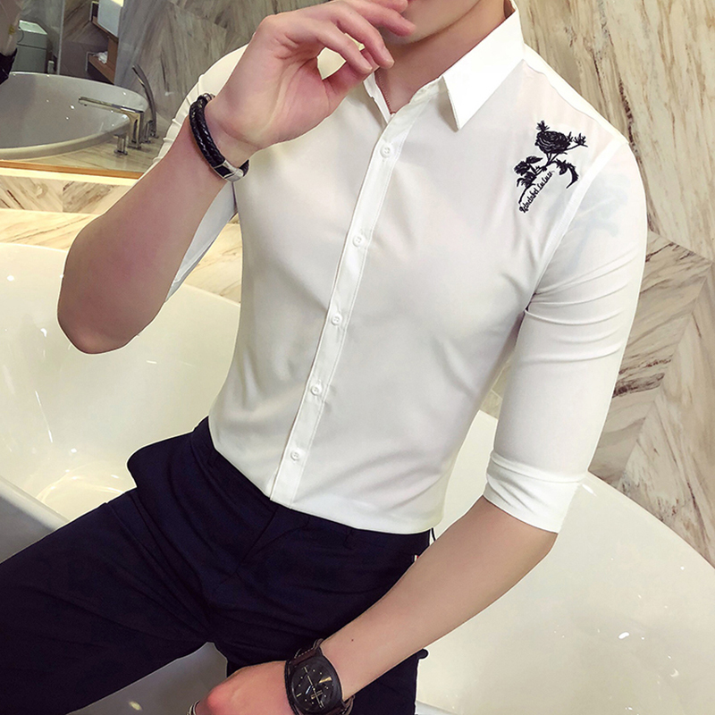夜店型师方领免中袖衬衫青年商务休闲七分袖男士修身寸衫男上衣