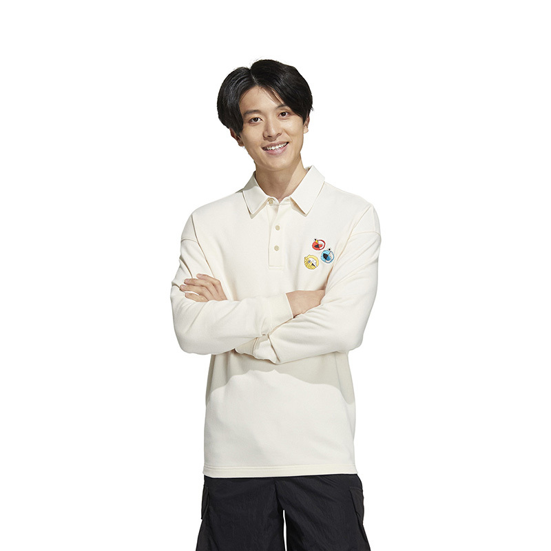 adidas 背面Logo印花图案翻领长袖Polo衫 男女同款 白色HM9949