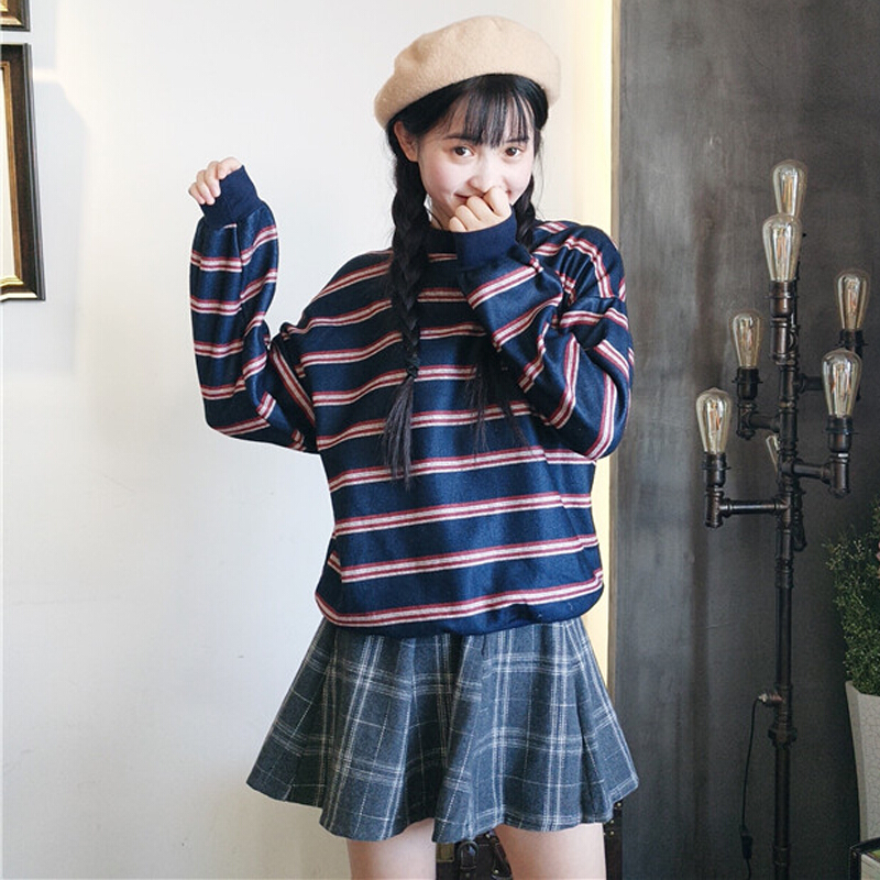 学院风少女泡泡袖条纹卫衣半身裙闺蜜套装学生姐妹两件套蓝条纹卫衣+半身裙