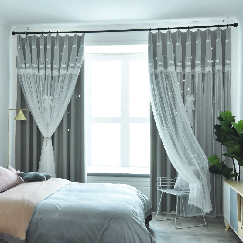 美帮汇绣花款公主风镂空星星2023新款少女梦幻卧室阳台遮光窗帘 浅灰天鹅镂空 平铺2.5米宽*2.7高打孔（可改短）