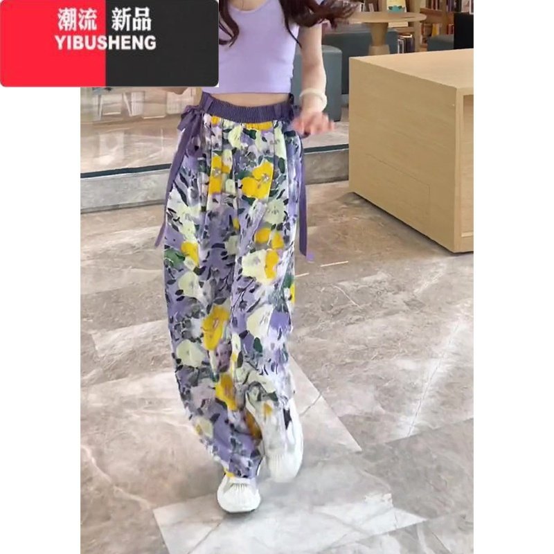 YIBUSHENG新中式国风印花冰丝阔腿裤女2024季新款薄款飘带高腰显瘦休闲裤