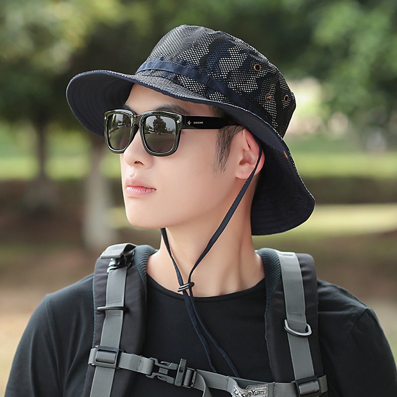 帽子男士户外钓鱼渔夫帽夏季遮阳帽大沿迷彩遮晒帽出游可折太阳帽藏青