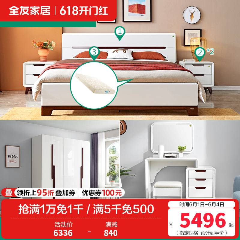 全友家居 现代简约卧室家具套装 双人床衣柜梳妆台凳 1.5米床+床头柜*2+105001床垫+五门衣柜+梳妆台凳
