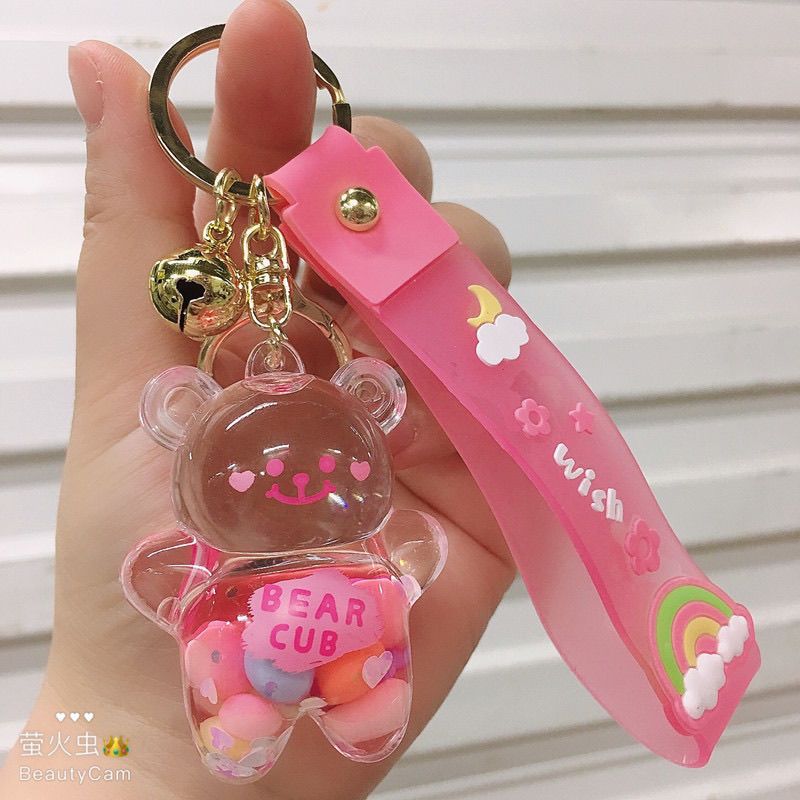 可爱涂鸦小熊入油液体水晶钥匙扣创意卡通儿童学生书包挂件女礼物涂鸦