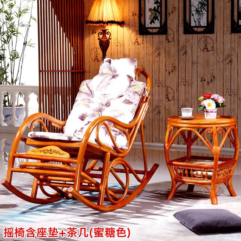阳台真藤摇椅藤椅 藤制老人午睡椅逍遥躺椅大人休闲摇摇椅子凉椅 摇椅含坐垫+茶几(蜜糖色)