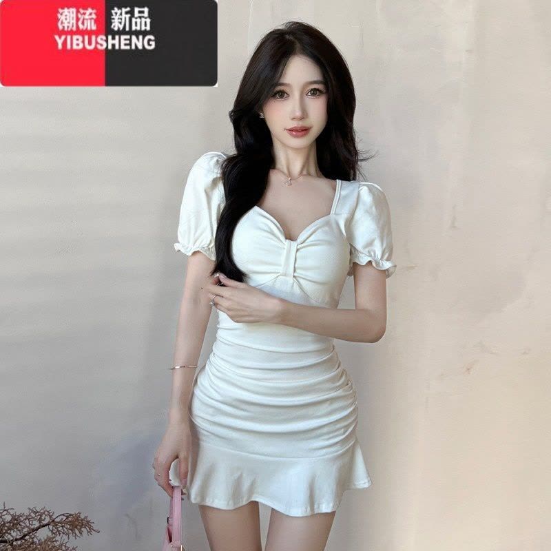 YIBUSHENG辣妹女装方领低胸性感白色连衣裙紧身荷叶边短裙夜场上班衣服季图片