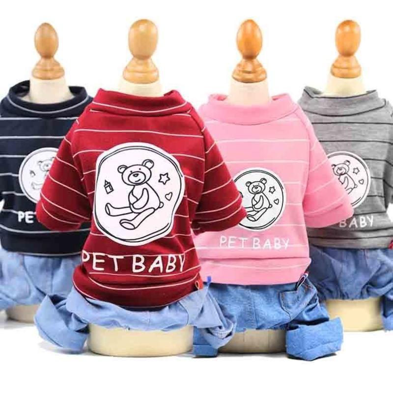 两腿打底衫红青条纹_ XS背长20cm 狗狗衣服春秋装四脚衣服泰迪比熊中小型格子牛仔猫咪衣服牛仔宠物