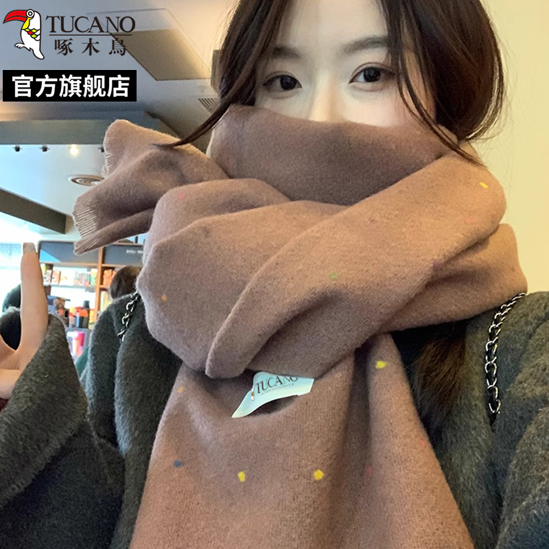 啄木鸟2024冬新款白色围巾女保暖加厚氛围感高级感韩版围脖秋冬感高清大图