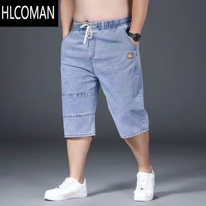 HLCOMAN弹力松紧腰牛仔短裤男加肥胖子肥佬加大码七分裤宽松薄款透气中裤