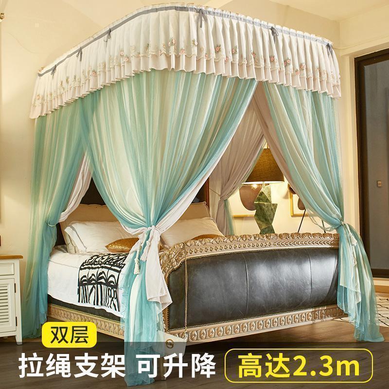美帮汇拉绳升降u型导轨蚊帐挡风遮光布床帘家用1.8m床1.5米加密加厚床幔 奶咖莫兰蒂绿双层遮光床幔帐含自动拉绳升降支 1.8*2.2m床