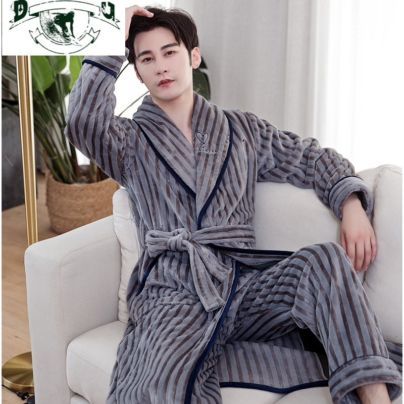 hlcoman睡袍男秋冬季长款珊瑚绒加厚加绒男士睡衣冬法兰绒浴袍连体带