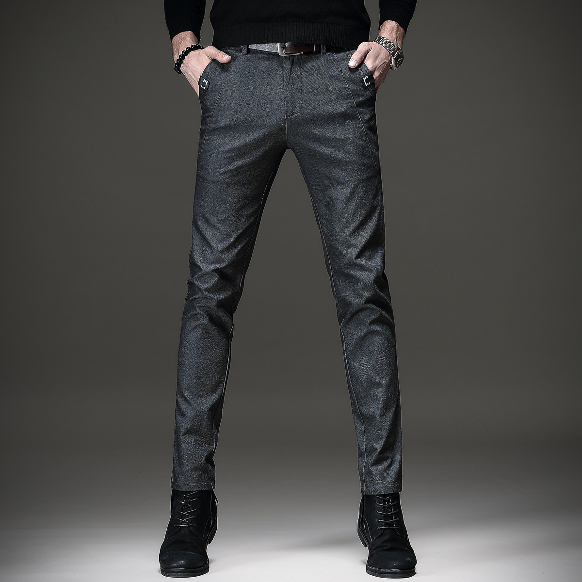 yuansu贵色休闲裤男冬季潮流修身小脚百搭黑色裤子男韩版简约轻商务