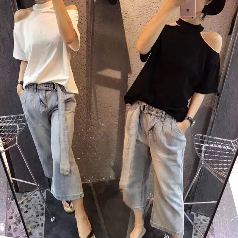 夏装女2018新款欧货女装时髦短袖漏肩上衣纯棉T恤打底衫潮