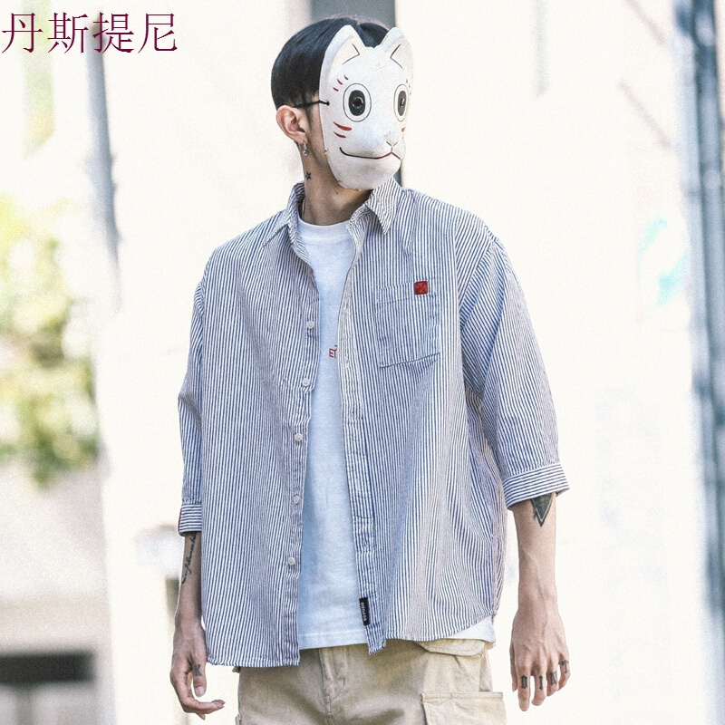 东京衣柜夏季新款日系复古撞色条纹七分袖衬衫青年潮流韩版衬衣男