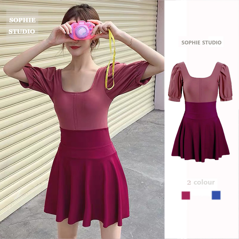 温泉泳衣女裙式连体短袖泡泡袖学生显白保守复系泳衣女