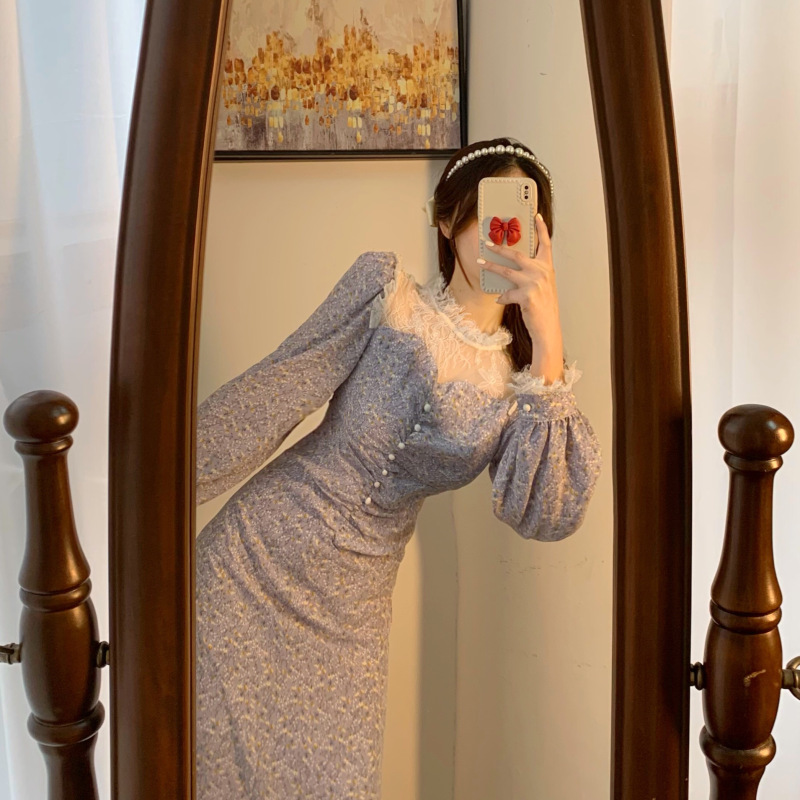 艳如飞温柔风碎花连衣裙子气质收腰显瘦法式长款复古紫色仙女超仙森系春连衣裙