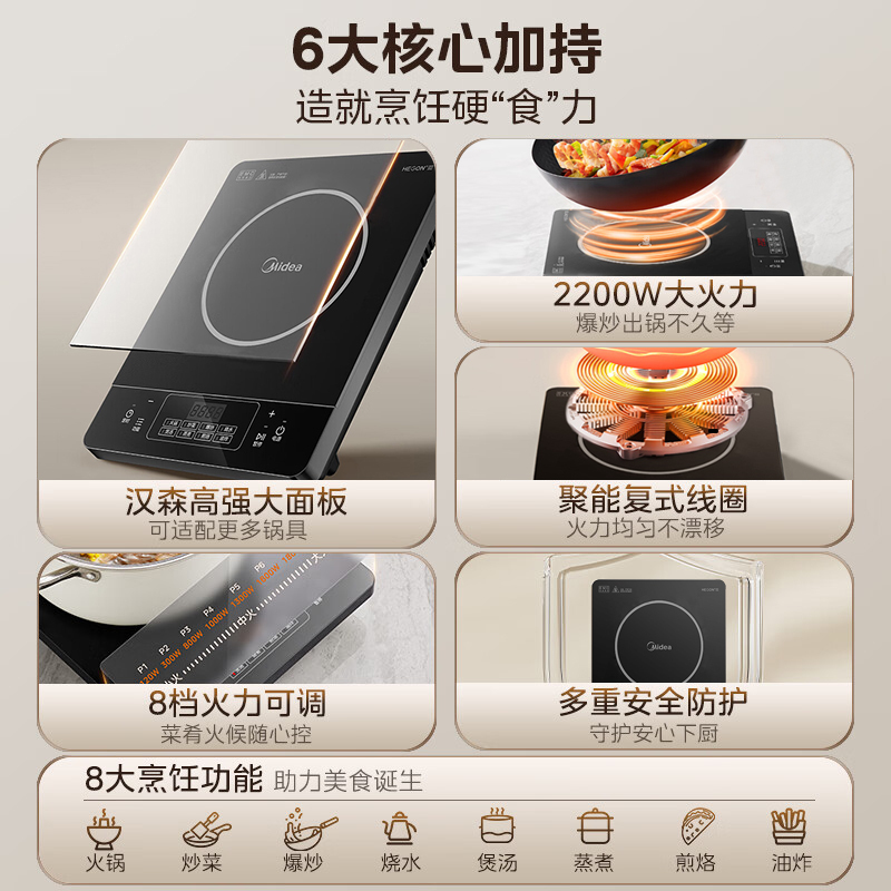美的电磁炉RT22E0103家用多功能大功率炒菜火锅一体小型宿舍2200W家用猛火爆炒耐用面板八档火力纤薄电磁灶火锅炉