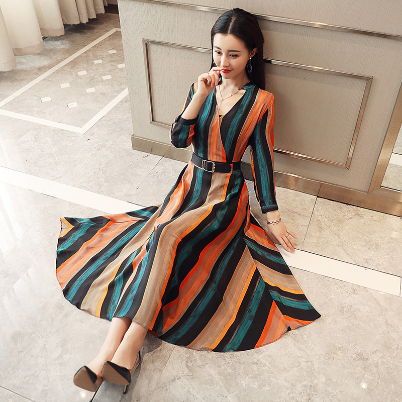 雪纺连衣裙秋装女士新品女装小个子条纹中长大摆裙小清新裙子女潮