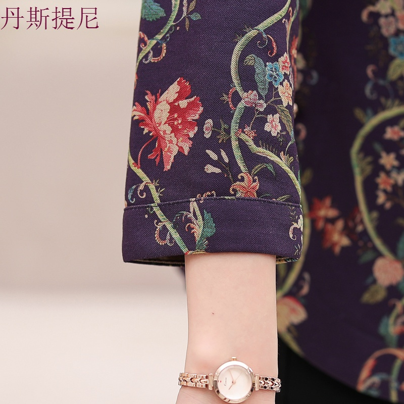 中年女长袖上衣2018秋季妈妈新款印花衬衣短款中老年女装春秋衬衫
