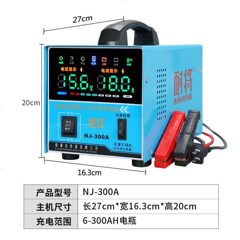 汽车电瓶充电器通用型12v24v大功率全自动智能脉冲修复车用充电机 蓝壳-300A 大功率充满自停