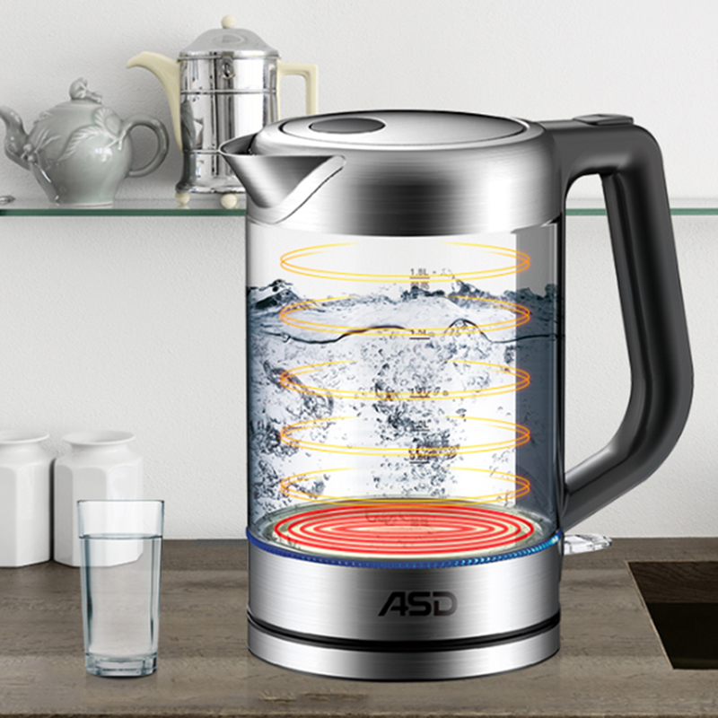 爱仕达asdawd18b128玻璃电水壶18升大容积高硼硅壶身蓝光显示电热水壶
