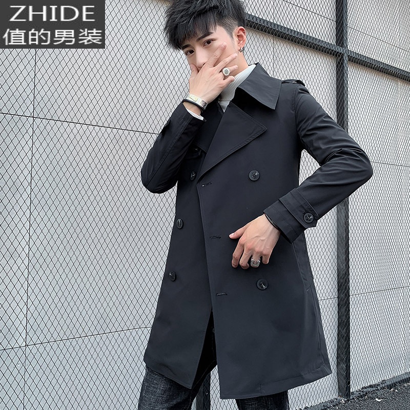 SUNTEK男士中长款风衣修身韩版双排扣休闲外套青少年学生英伦帅气西服潮风衣高清大图