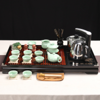 百鸿(Baihong) 整套功夫茶具套装陶瓷家用喝茶茶杯简约全自动电热炉实木茶盘 喜上枝头青瓷鱼戏套装