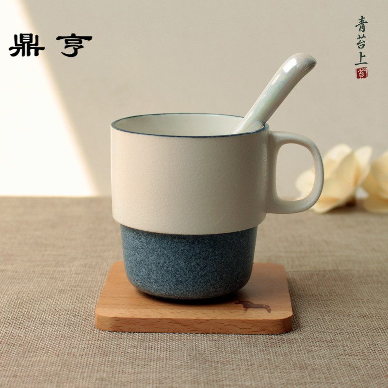鼎亨日式咖啡杯带盖勺创意陶瓷杯子简约复古家用马克杯个性办公水