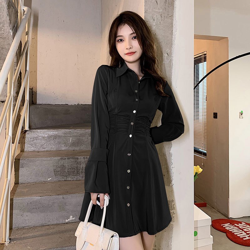 班俏banqiao2021韩版新款法式衬衫连衣裙女长袖高腰短款裙子收腰显瘦