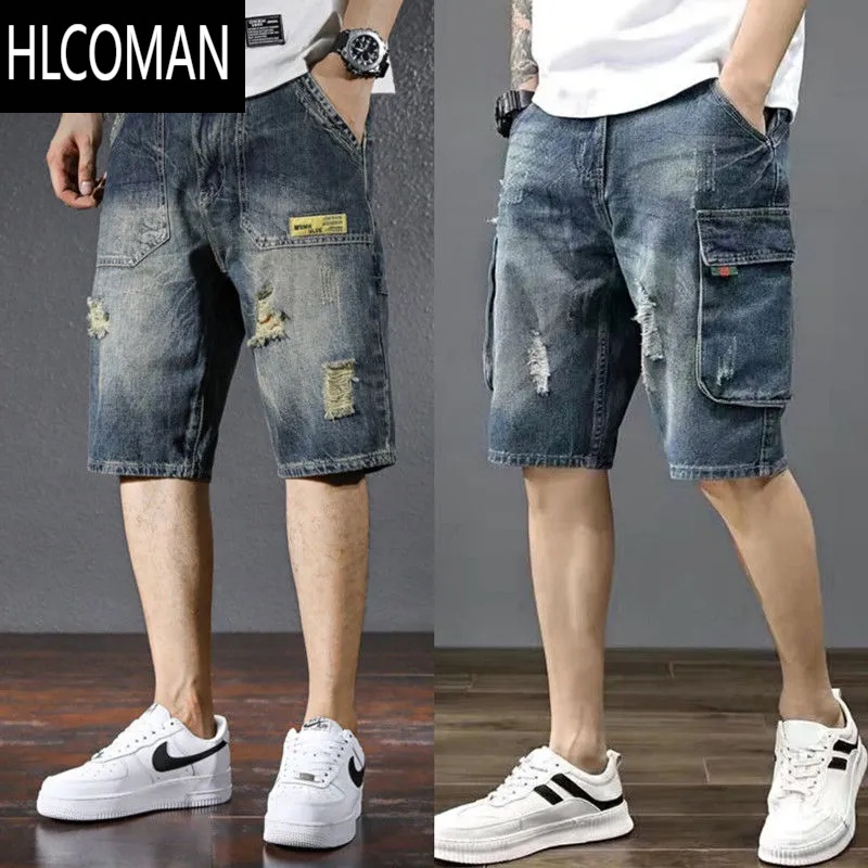 HLCOMAN牛仔短裤男工装五分裤宽松休闲潮流百搭日系复古韩版夏季男士中裤