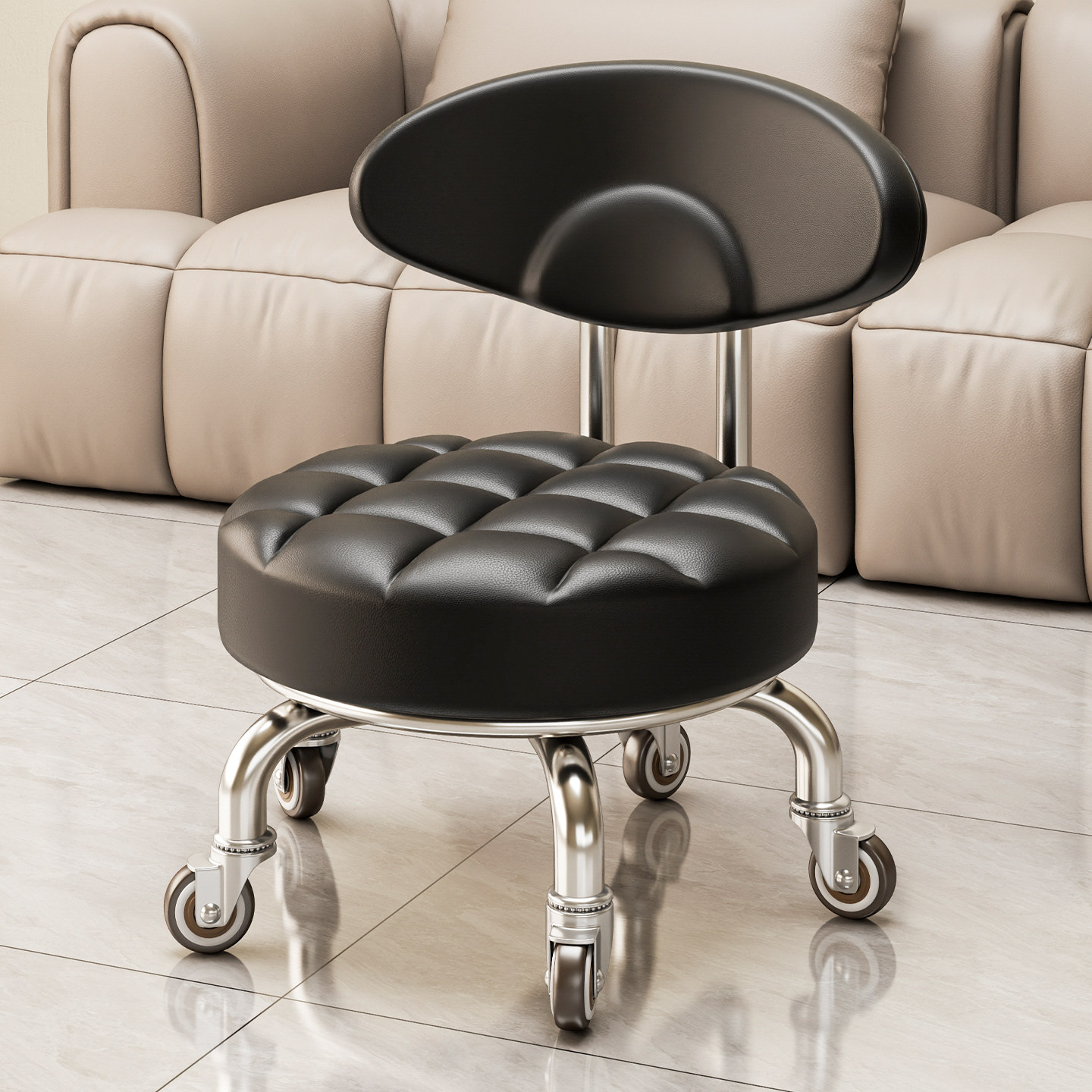 册宣 万向轮小凳子(软包款) 水波纹、轴承静音轮、黑色 32cm*52cm