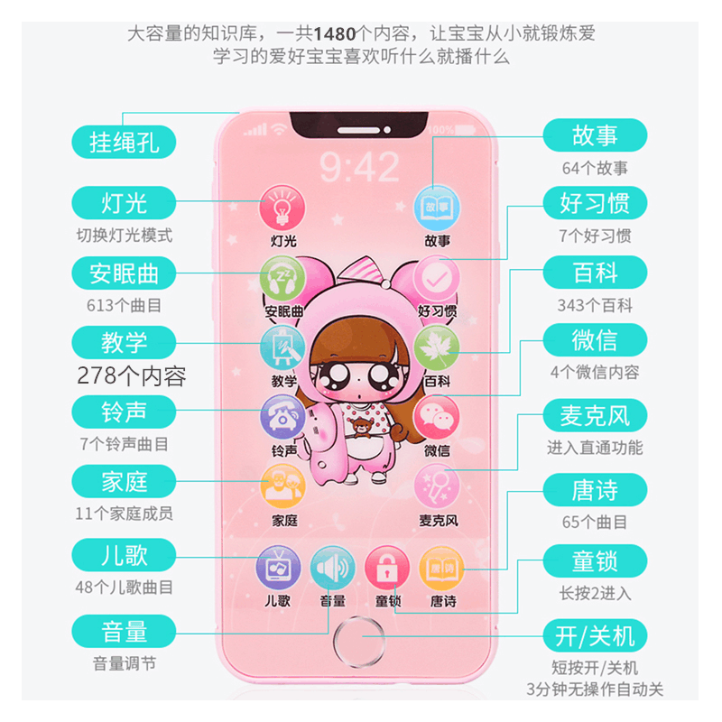 儿童手机婴儿0-3岁可咬仿真智能宝宝早教音乐电话男女孩|[充电话筒版]大眼女孩-1480内容图片