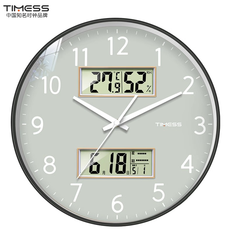 TIMESS日历钟表挂墙挂钟客厅家用时钟万年历温湿度双屏电子石英钟 原子灰【双屏+日历温湿显示】 12寸（直径30.5cm）