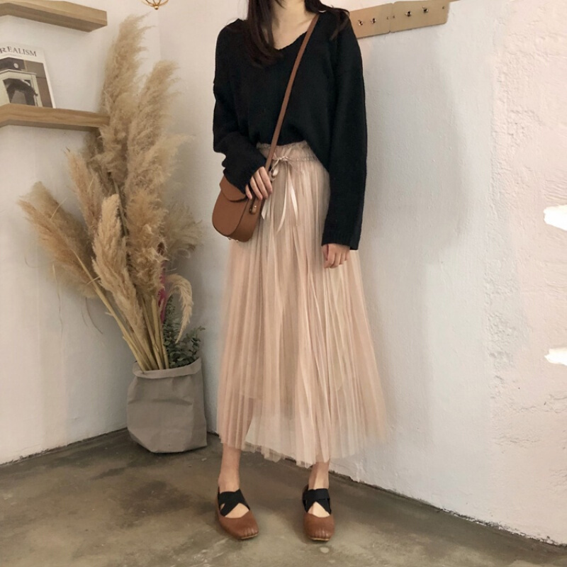 春季韩版宽松丝带系腰网纱a字半身裙松紧腰中长款百褶裙气质女裙米