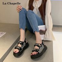 拉夏贝尔2022新款鞋面魔术贴舒适露趾棋盘格潮流女凉鞋