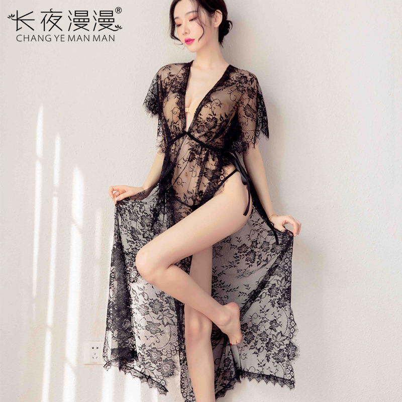 长夜漫漫情趣内衣外贸欧美长款开叉黑色透视睫毛花边蕾丝睡裙代发 黑色 均码