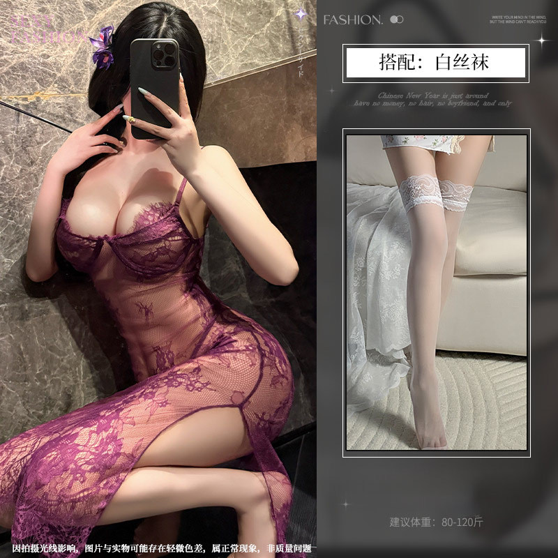 紫色韵味吊带网纱睡衣女套装性感蕾丝制服诱惑透视装情趣内衣批发 紫色+白丝袜 均码