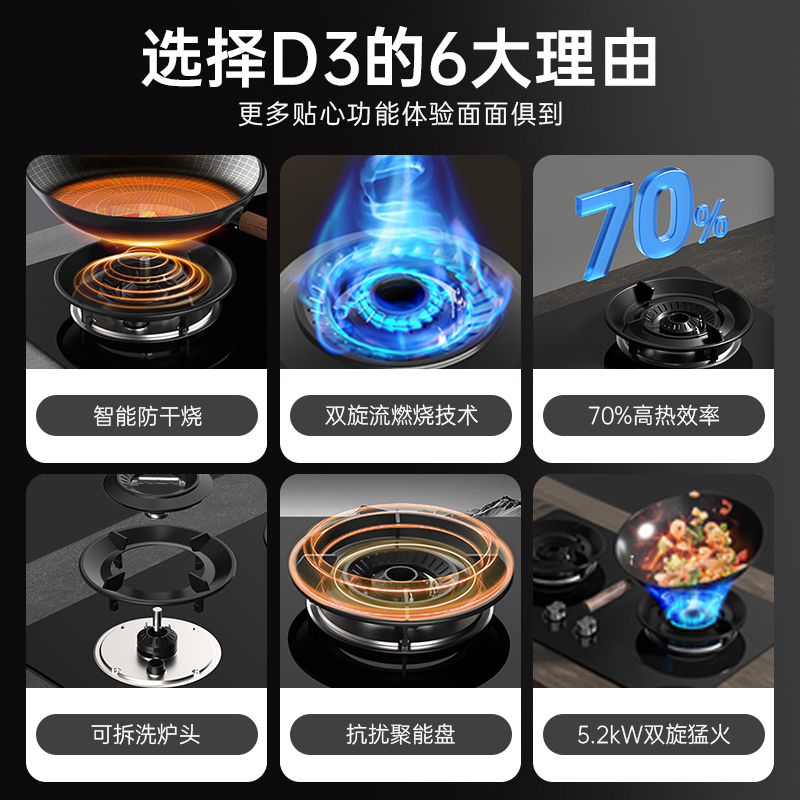 迅达灶具家用智能防干烧双灶70%热效率猛火燃气灶D3(天然气)高清大图