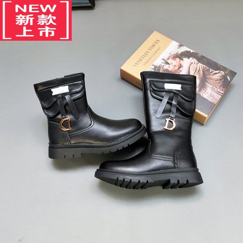 可莉允女童高筒靴2022新款加绒冬款棉靴儿童靴子女童鞋马丁靴亲子风皮靴图片