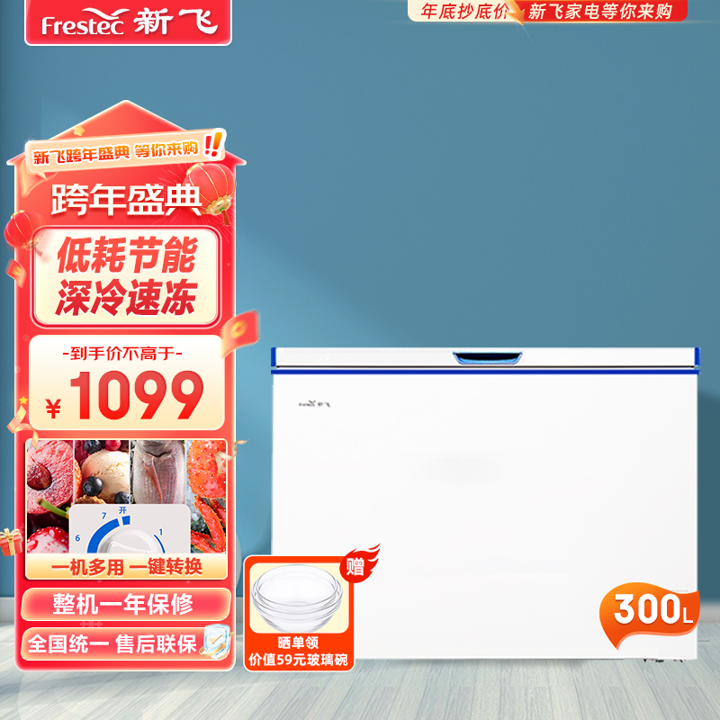 新飞(FRESTEC) 300升大容量冰柜冷柜家用商用冰箱冷冻节能冷藏卧式冷冻柜BC/BD-300KHAT