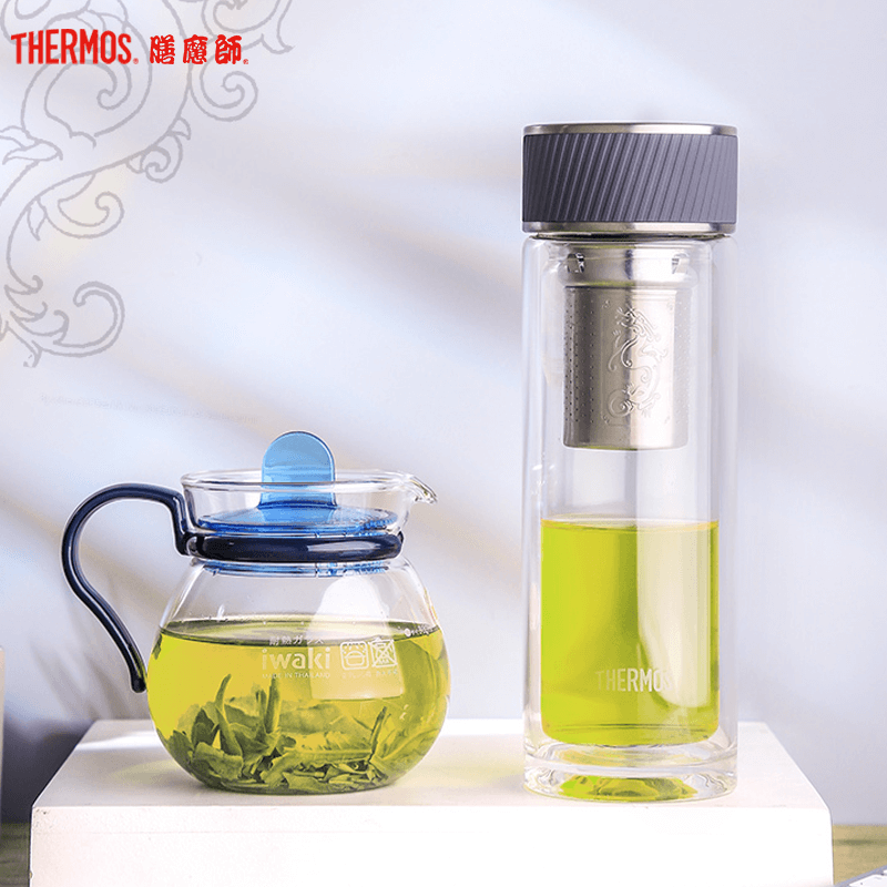 膳魔师（THERMOS）耐热玻璃杯男女双层泡茶水杯子TCGA-400S深灰套组