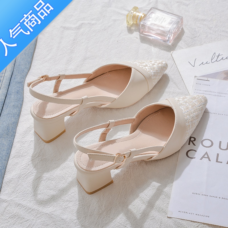 SUNTEK低跟单鞋女2023年夏季新款一字扣带后空凉鞋包头3cm高跟鞋女 粗跟高清大图