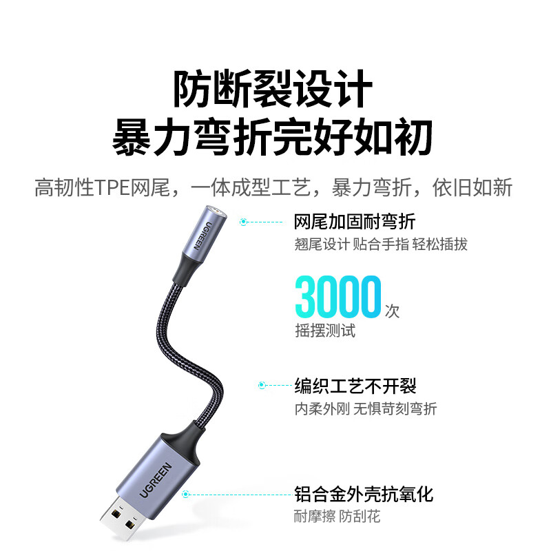 绿联USB转3.5mm外置声卡 耳机麦克风二合一转换器音频转接头 适用电脑笔记本PS4/5接音响0.25米 30757高清大图
