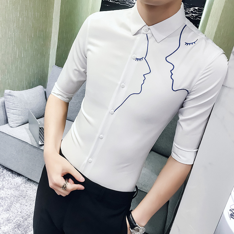 2018春夏新款型师韩版修身绣花七分袖衬衫中袖男士时尚夜店衬衣