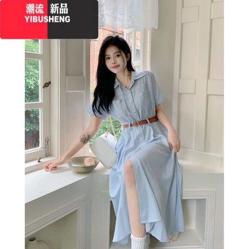 YIBUSHENG季新款大码女胖mm显瘦通勤翻领连衣裙配腰带收腰a字开衫中长裙图片